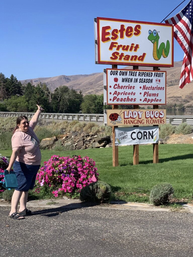 Estes Fruit stand with Suzie great stop for apple, cherries and pickled goods!