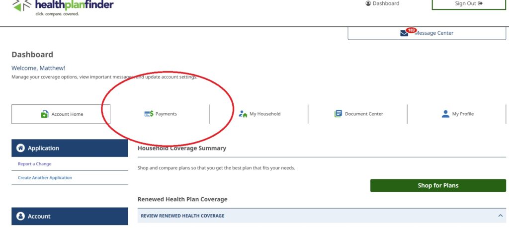 Healthplanfinder screenshot of tool bar.